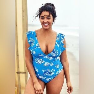 Cupshe Royal Elegance Blue Floral One Piece Swimsuit Size Medium